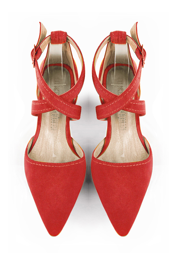 Women's scarlet red open side dress shoes, with crossed straps. Tapered toe. Low flare heels - Top view